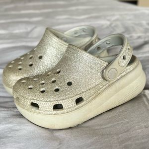 Girls silver glitter platform crocs 11